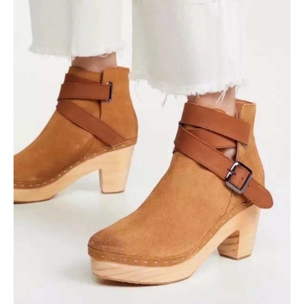 Free People Bungalow Suede Clog Leather Booties Wood Sole Women's Size 38 - Picture 2 of 10
